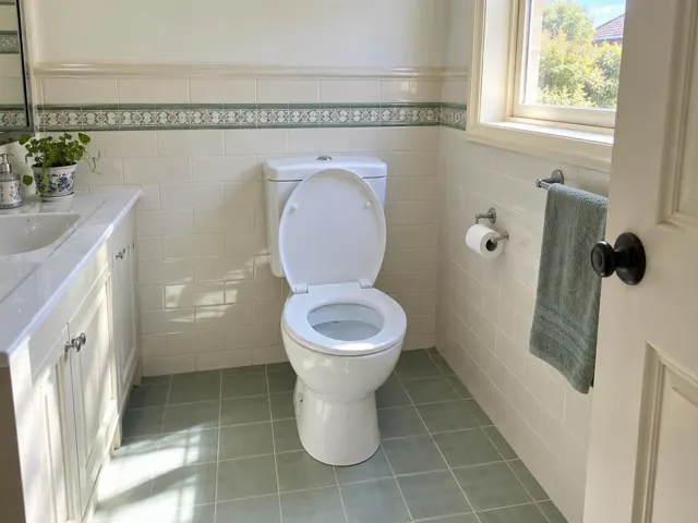 Clean white toilet in a tiled bathroom with a vanity, towel rail and window in Pennant Hills