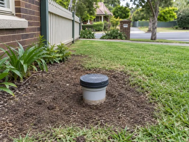 Capped drain inspection opening in a suburban lawn beside a brick house and garden bed in Normanhurst