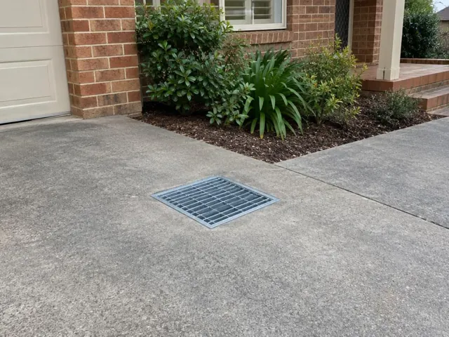 Flush stormwater grate set in a concrete driveway beside brick house planting in Thornleigh